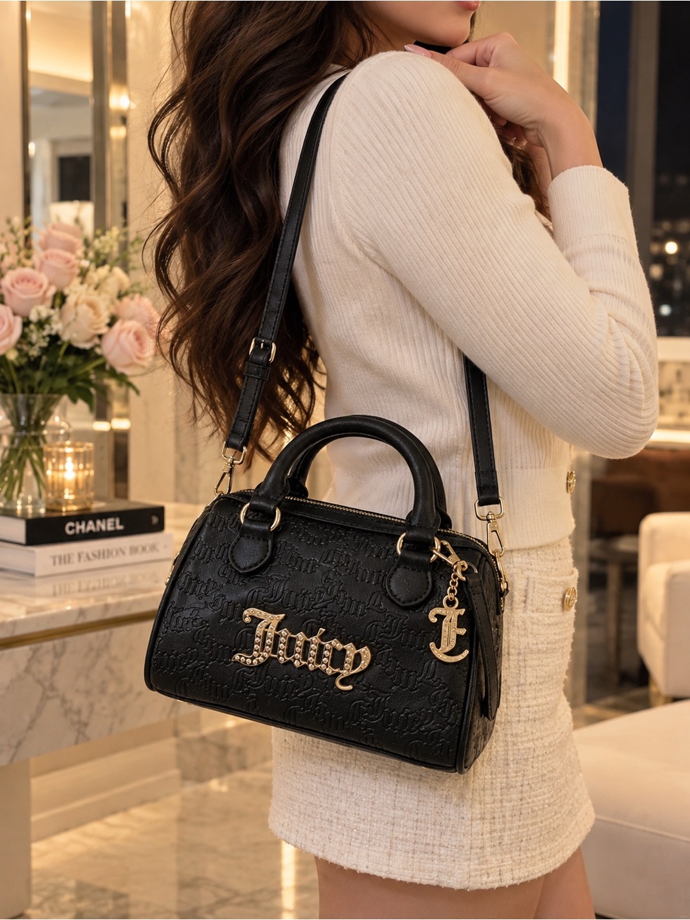 Juicy Couture Black Embossed Logo Mini Satchel Crossbody Bag